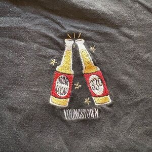 Embroidered Cheers Tee with Yellow & Red Bottle Motif